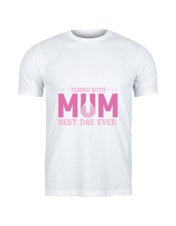 A white T-shirt with the lovely tennis saying on the front that reads 'Tennis with Mums. Best. Day. Ever!'