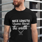A man wearing a black t-shirt with Nice Length Shame About The Width on the front. A Funny Cricket Tee, Premium Fabric, Multiple Adult Sizes
