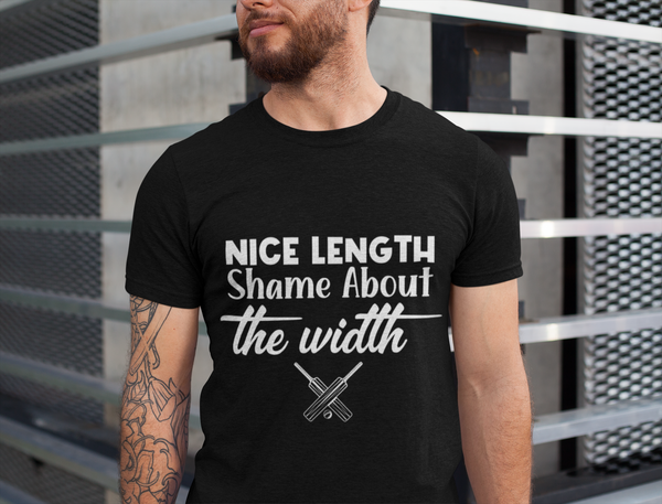 A man wearing a black t-shirt with Nice Length Shame About The Width on the front. A Funny Cricket Tee, Premium Fabric, Multiple Adult Sizes
