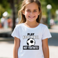 A girl wearing a white t-shirt with the funny football slogan written on the front that reads 'Play Football Not Fortnite!