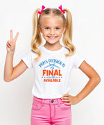 A little girl wearing a white t-shirt with Mum’s Decision Is Final – No Drs Available on the front. A Funny Kids’ Cricket T-Shirt, Premium Fabric, Multiple Junior Sizes, Perfect for Boys and Girls