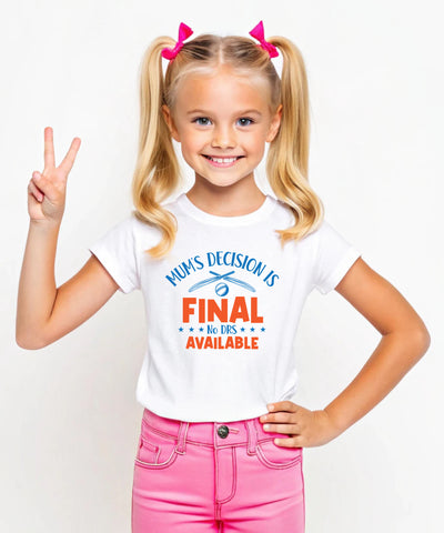 Mum’s Decision Is Final – No Drs Available. Funny Kids’ Cricket T-Shirt, Premium Fabric, Multiple Junior Sizes, Perfect for Boys and Girls