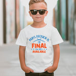 A little boy wearing a white t-shirt with Mum’s Decision Is Final – No Drs Available on the front. A Funny Kids’ Cricket T-Shirt, Premium Fabric, Multiple Junior Sizes, Perfect for Boys and Girls