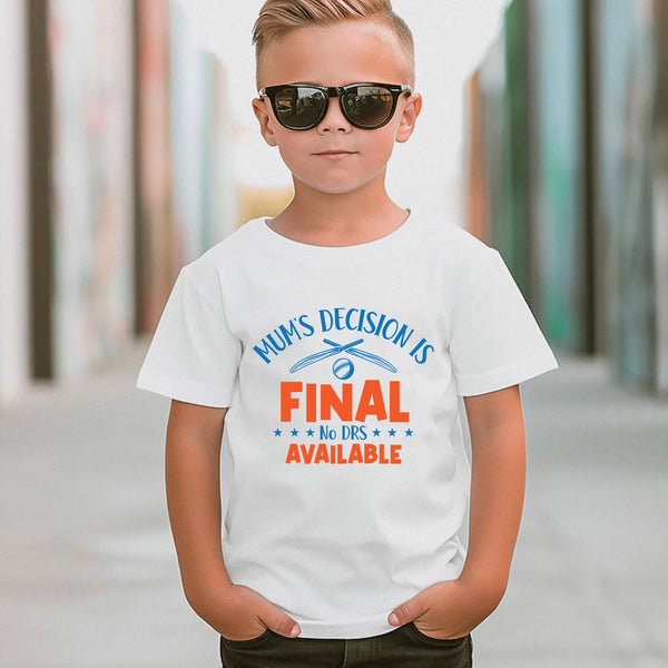 A little boy wearing a white t-shirt with Mum’s Decision Is Final – No Drs Available on the front. A Funny Kids’ Cricket T-Shirt, Premium Fabric, Multiple Junior Sizes, Perfect for Boys and Girls