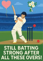Cartoon cricketer in action with text 'Still batting strong after all these overs!' on a sports field background.