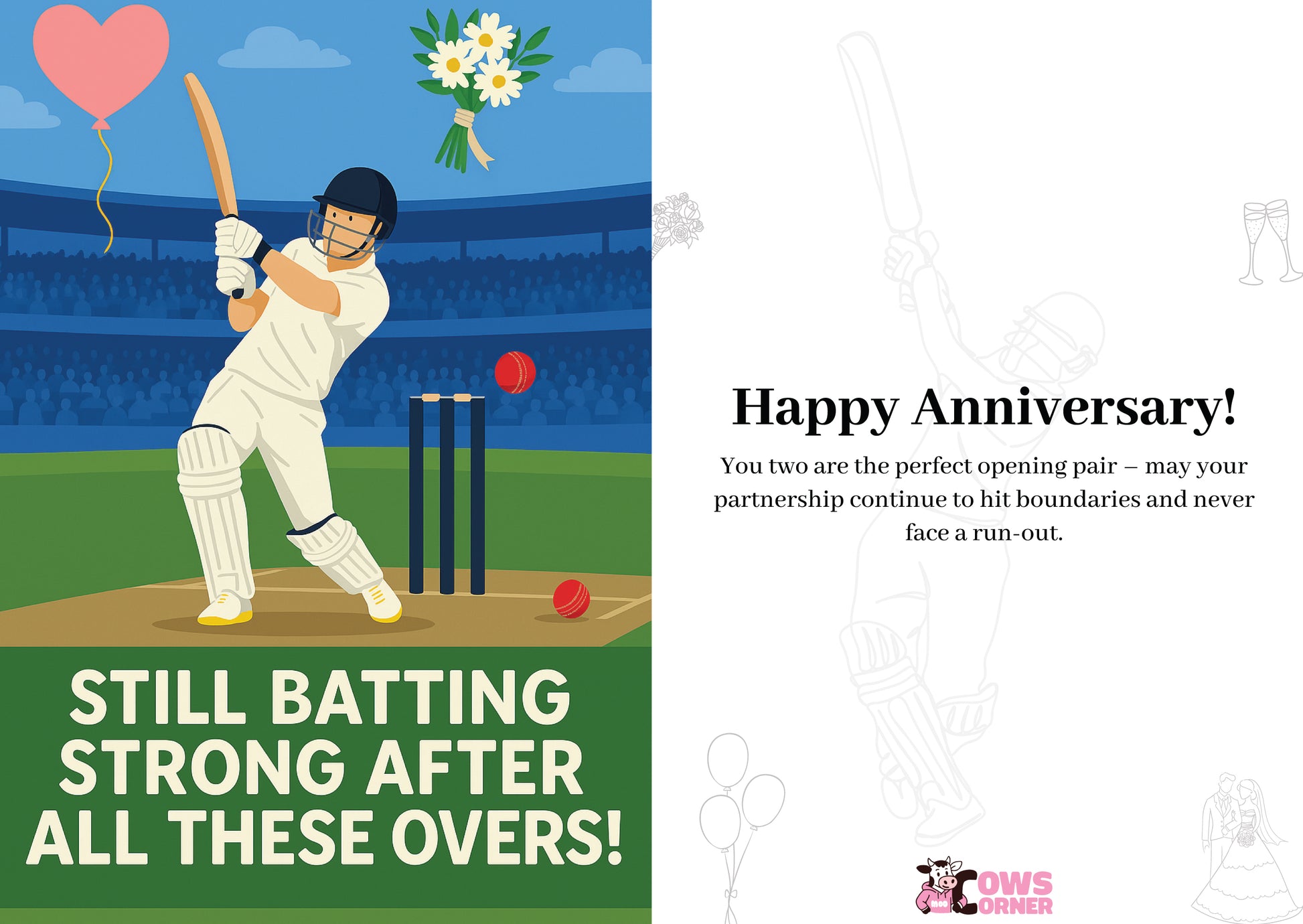 Cartoon cricket player with text 'Still batting strong after all these overs!' and 'Happy Anniversary!' on a blue and green background.