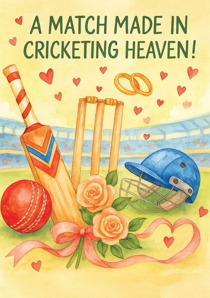 Card with cricket-themed elements and text 'A Match Made in Cricketing Heaven!' on a yellow background.