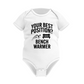 A white baby grow with the funny football slogan on the front that reads 'Your Best Position? Bench Warmer'