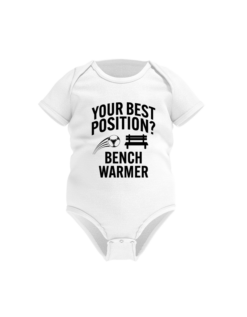 A white baby grow with the funny football slogan on the front that reads 'Your Best Position? Bench Warmer'