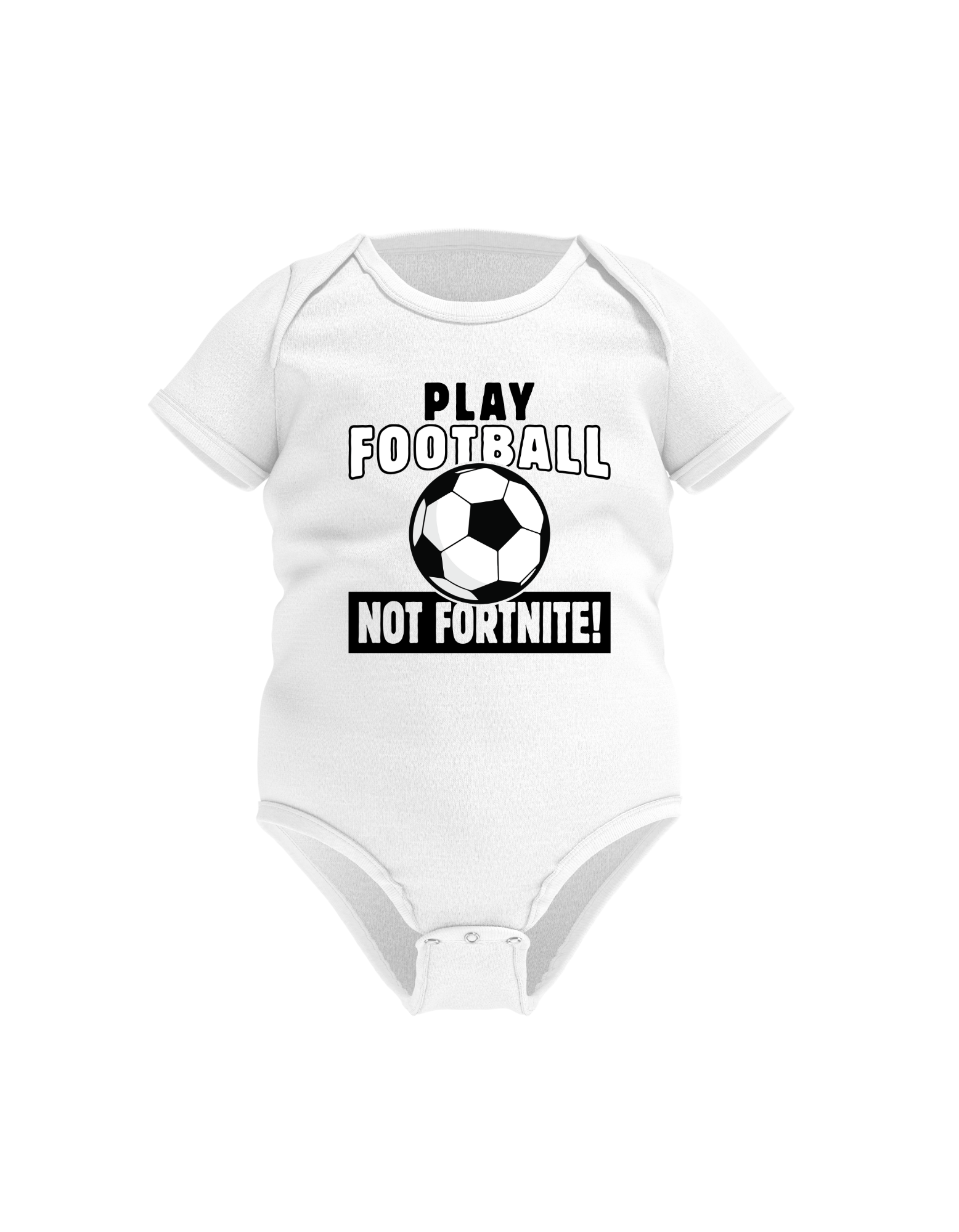 A white baby grow with the funny football slogan written on the front that reads 'Play Football Not Fortnite!
