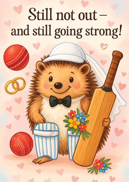 Card with a hedgehog holding a cricket bat and balls, surrounded by hearts and flowers, with text 'Still not out - and still going strong!'.