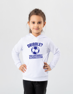 A girl wearing a white hoodie with a funny football slogan on the front that reads 'Dribble You Can Barely Walk Straight!'