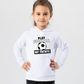 A girl wearing a white hoodie with the funny football slogan written on the front that reads 'Play Football Not Fortnite!