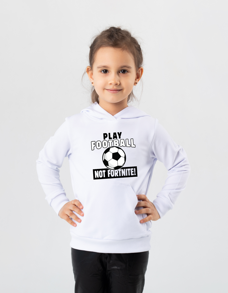 A girl wearing a white hoodie with the funny football slogan written on the front that reads 'Play Football Not Fortnite!