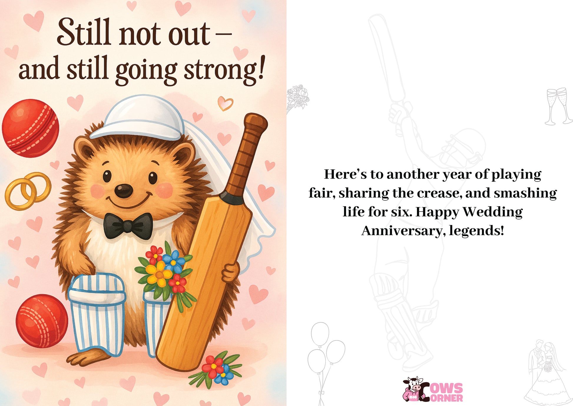 Card with a hedgehog holding a cricket bat and ball, surrounded by hearts and flowers, with text about a wedding anniversary.