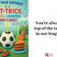 Birthday card with soccer ball, cake, and birthday hat on a grassy field with celebratory text.  A Cows Corner personalised card