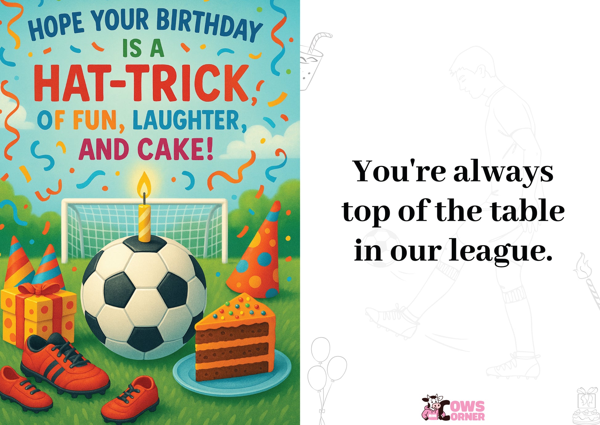 Birthday card with soccer ball, cake, and birthday hat on a grassy field with celebratory text.  A Cows Corner personalised card