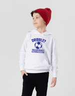 A boy wearing a white hoodie with a funny football slogan on the front that reads 'Dribble You Can Barely Walk Straight!'