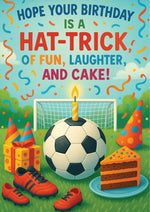 Birthday card with soccer ball, cake, and party decorations on a grassy field background.  A Cows Corner personalised card