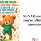 Birthday card with a teddy bear kicking a soccer ball, surrounded by balloons and text.  A Cows Corner personalised card