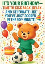 Birthday card with a bear holding a soccer ball, balloons, and a cake on a colorful background.  A Cows Corner personalised card