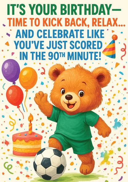 Birthday card with a bear holding a soccer ball, balloons, and a cake on a colorful background.  A Cows Corner personalised card