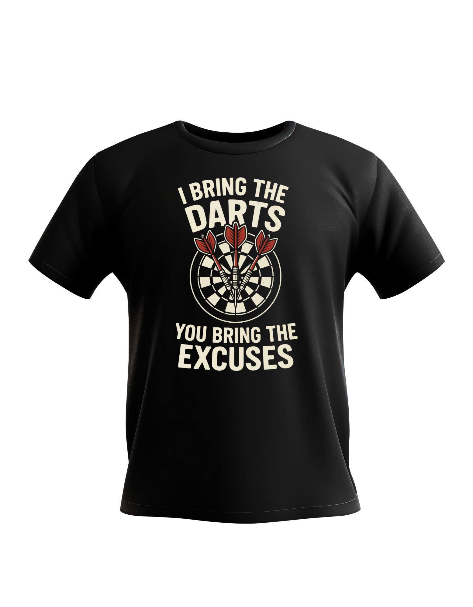 Black t-shirt with a dartboard graphic and text on a white background with the cows corner slogan saying I Bring the Darts You Bring the Excuses
