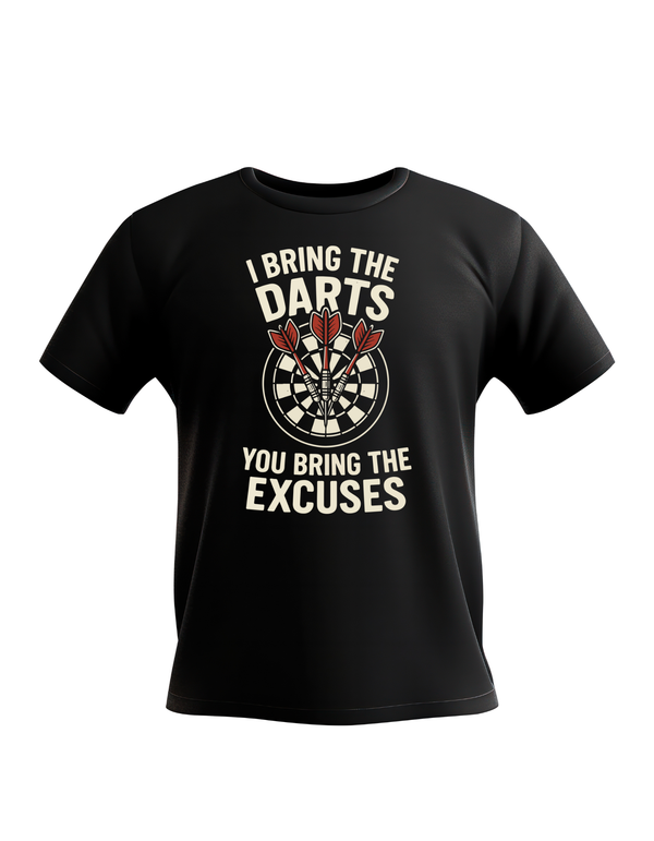 Black t-shirt with a dartboard graphic and text on a white background with the cows corner slogan saying I Bring the Darts You Bring the Excuses