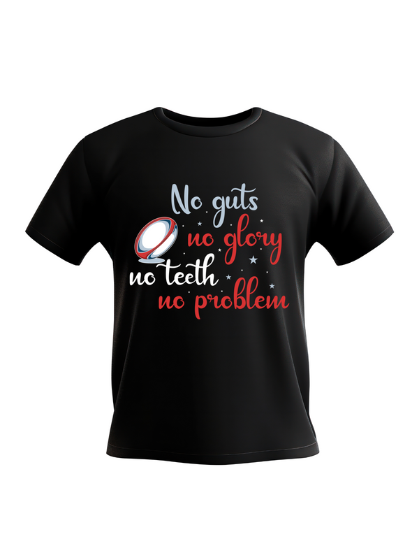 Black t-shirt with motivational quote and rugby ball graphic on a white background with a Cows Corner slogan saying No guts no glory, no teeth no problem
