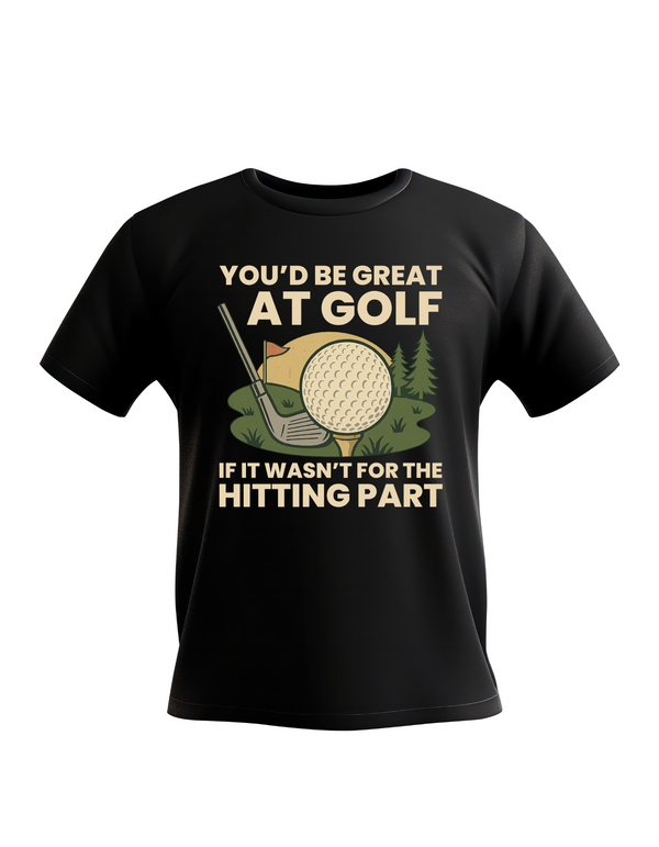 Black t-shirt with golf-themed graphic and text on a white background with Cows Corner slogan, you'd be great at golf if it wasn't for the hitting part.