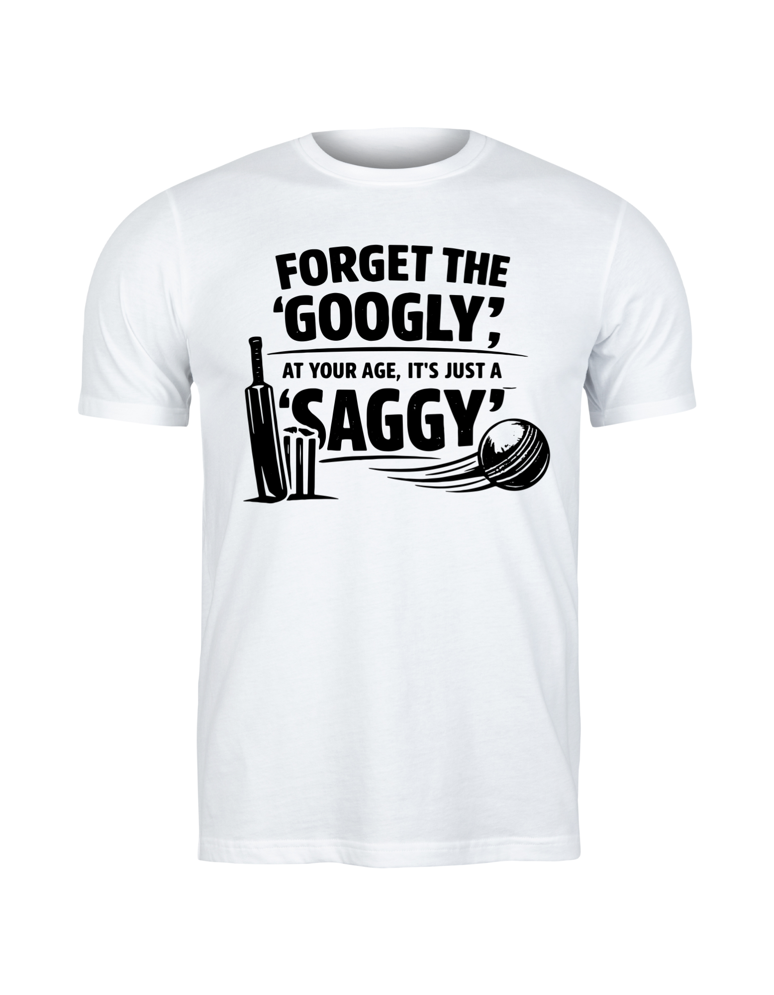 White t-shirt with black text and cricket graphics on a white background.  This is a Cows Corner t-shirt with the funny cricket birthday slogan 'Forget the 'Googly', at your age, it’s just a 'Saggy'. Cows Corner gifts are perfect for sport-mad fans, these gifts work brilliantly for birthdays, new baby celebrations, Father’s Day, Mother’s Day, Christmas, anniversaries, thank you gifts, end-of-season team awards, graduations, retirements, and just-because moments when you want to raise a smile. 
