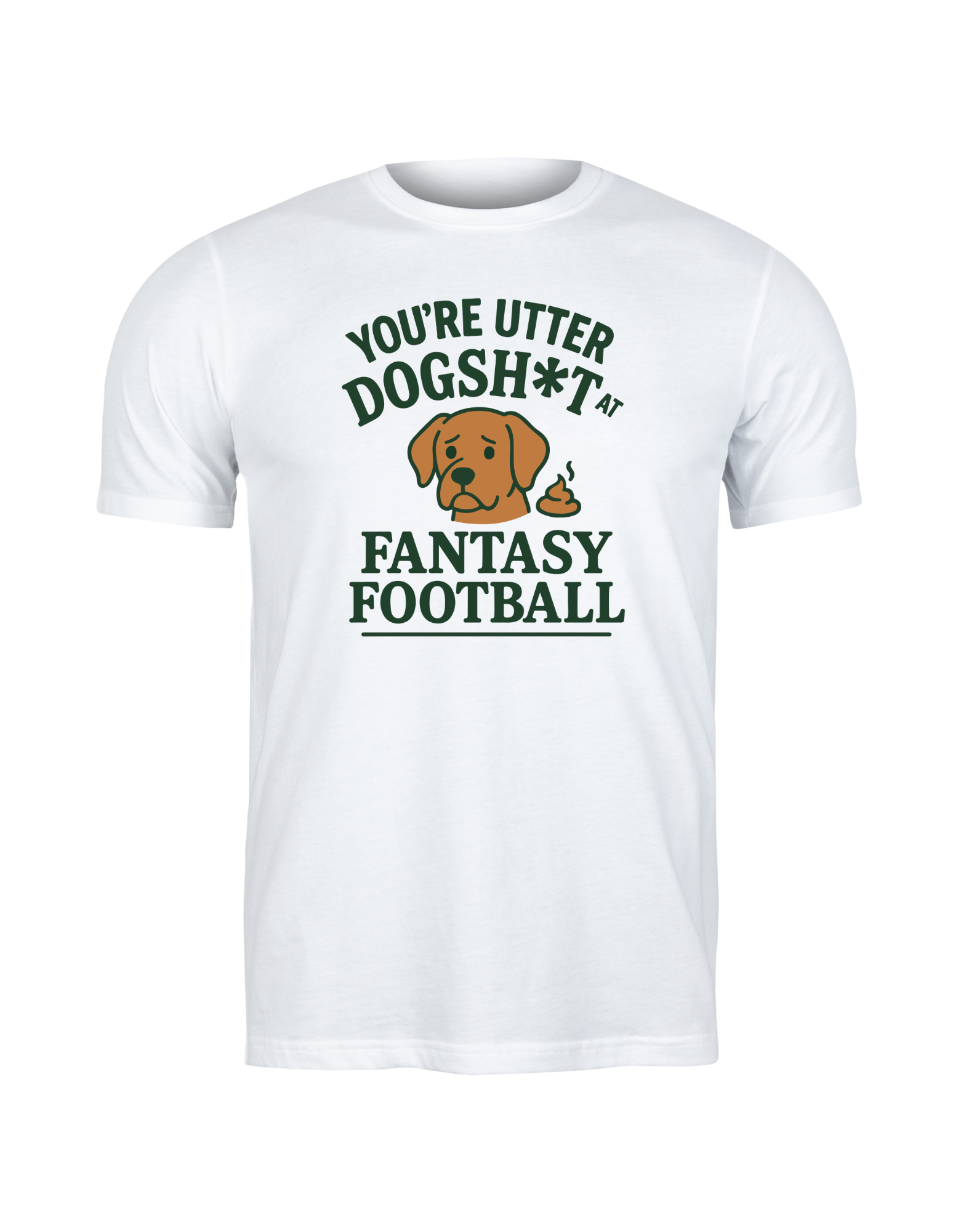White t-shirt with humorous graphic and text on a white background. This is a Cows Corner t-shirt with the funny fantasy football slogan on the front that reads 'You're Utter Dogsh*t at Fantasy Football'.  Cows Corner gifts are perfect for sport-mad fans, these gifts work brilliantly for birthdays, new baby celebrations, Father’s Day, Mother’s Day, Christmas, anniversaries, thank you gifts, end-of-season team awards, graduations, retirements, and just-because moments when you want to raise a smile.