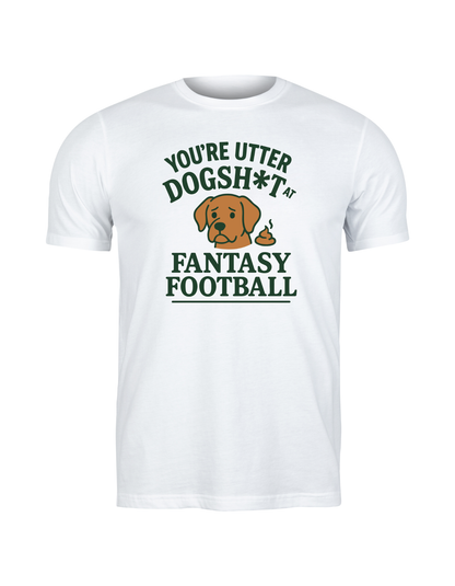 White t-shirt with humorous graphic and text on a white background. This is a Cows Corner t-shirt with the funny fantasy football slogan on the front that reads 'You're Utter Dogsh*t at Fantasy Football'.  Cows Corner gifts are perfect for sport-mad fans, these gifts work brilliantly for birthdays, new baby celebrations, Father’s Day, Mother’s Day, Christmas, anniversaries, thank you gifts, end-of-season team awards, graduations, retirements, and just-because moments when you want to raise a smile.