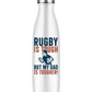 White water bottle with rugby-themed text and design on a white background with a Cows Corner slogan saying Rugby is tough, but my dad is tougher