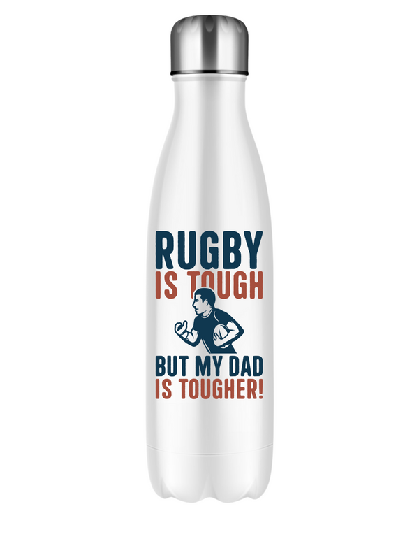 White water bottle with rugby-themed text and design on a white background with a Cows Corner slogan saying Rugby is tough, but my dad is tougher