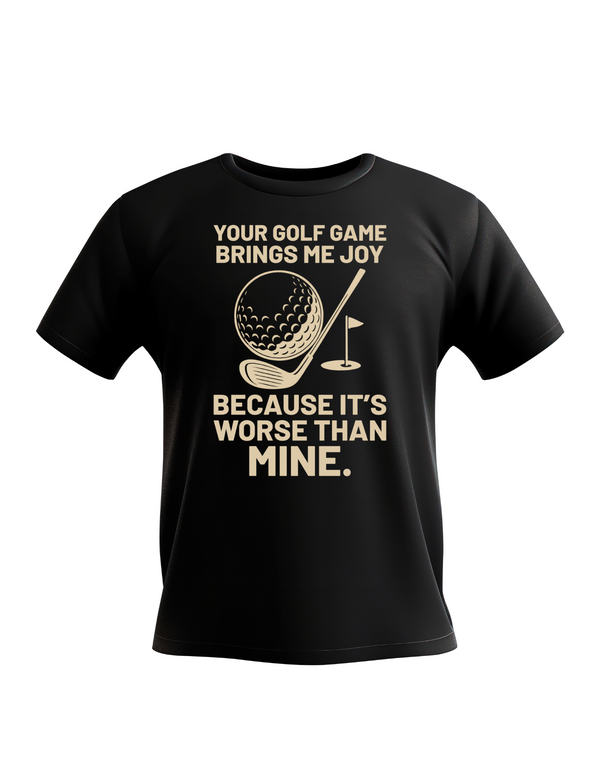 Black t-shirt with yellow text and golf graphic on a white background with Cows Corner slogan saying, Your golf game brings me joy, because it's worse than mine