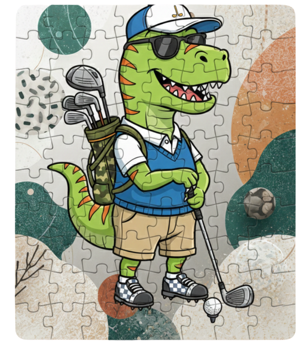 Jigsaw puzzle with a cartoon dinosaur character holding golf clubs on a scenic background. This is a Cows Corner customised jigsaw Cows Corner gifts are perfect for sport-mad fans, these gifts work brilliantly for birthdays, new baby celebrations, Father’s Day, Mother’s Day, Christmas, anniversaries, thank you gifts, end-of-season team awards, graduations, retirements, and just-because moments when you want to raise a smile. 