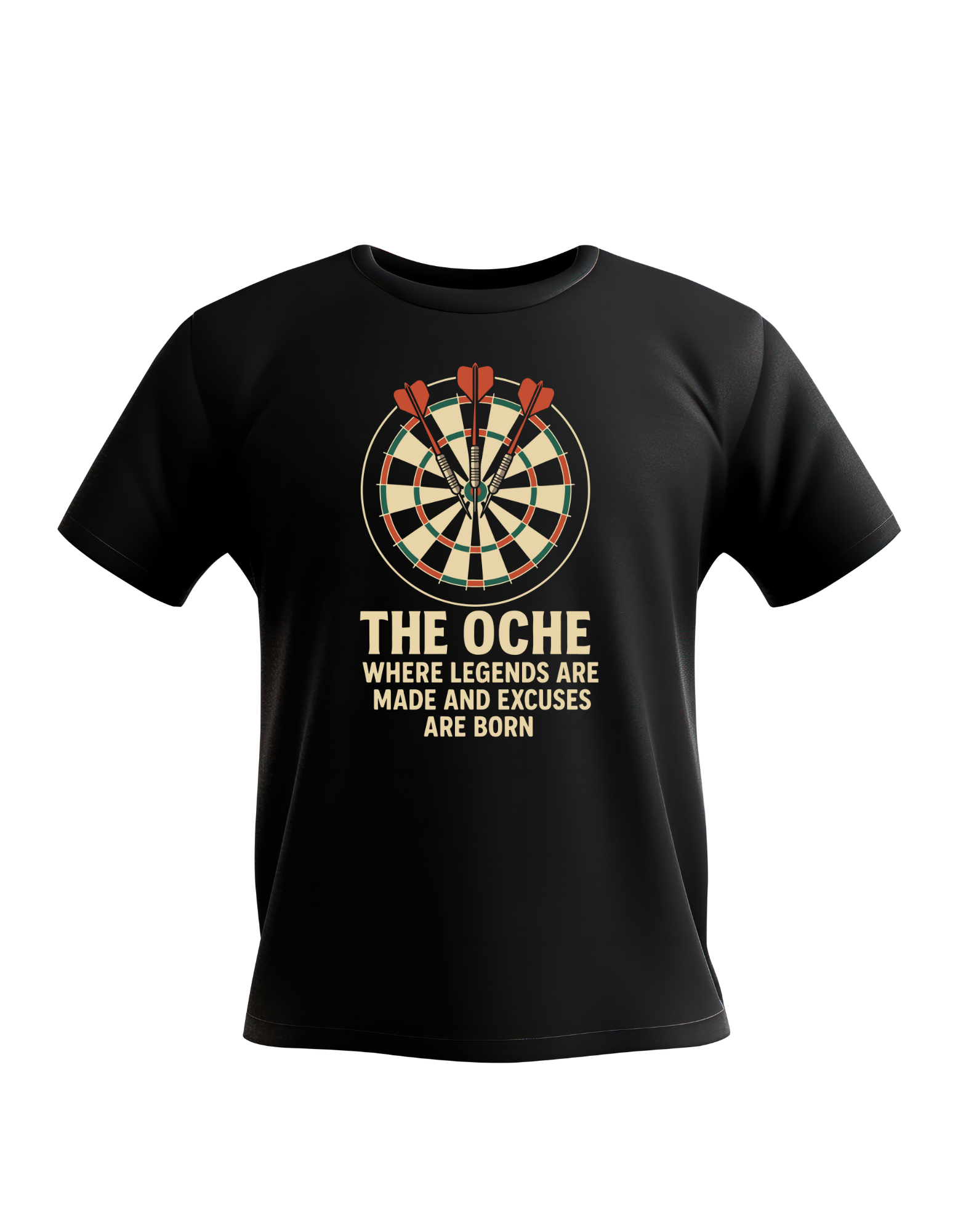 Black t-shirt with a dartboard graphic and text on a white background with a Cows Corner slogan The oche where legends are made and excuses are born.
