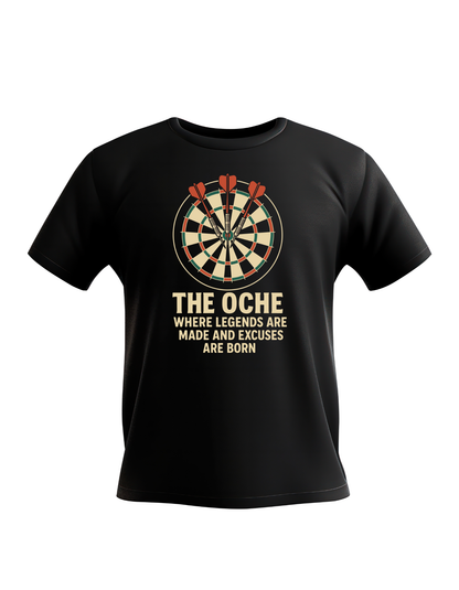 Black t-shirt with a dartboard graphic and text on a white background with a Cows Corner slogan The oche where legends are made and excuses are born.
