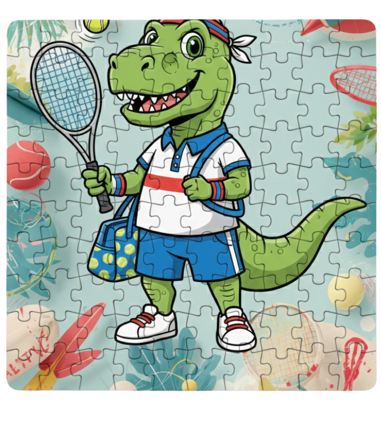 Jigsaw puzzle with a cartoon dinosaur holding a tennis racket on a colourful background. This is a Cows Corner customised jigsaw Cows Corner gifts are perfect for sport-mad fans, these gifts work brilliantly for birthdays, new baby celebrations, Father’s Day, Mother’s Day, Christmas, anniversaries, thank you gifts, end-of-season team awards, graduations, retirements, and just-because moments when you want to raise a smile. 
