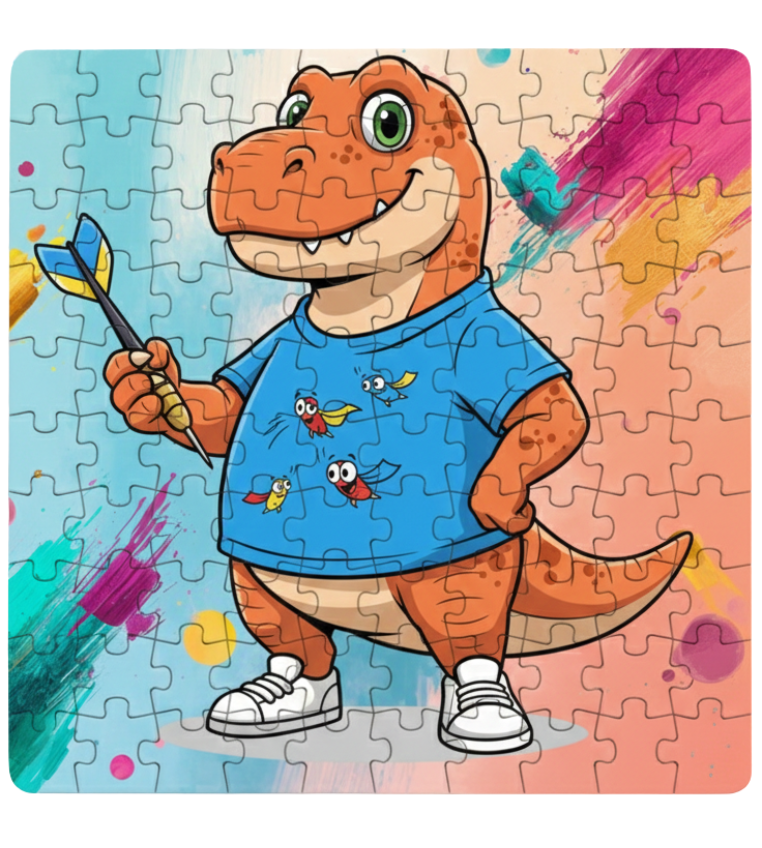 Jigsaw puzzle with a cartoon dinosaur holding a paintbrush on a colorful background. This is a Cows Corner customised jigsaw Cows Corner gifts are perfect for sport-mad fans, these gifts work brilliantly for birthdays, new baby celebrations, Father’s Day, Mother’s Day, Christmas, anniversaries, thank you gifts, end-of-season team awards, graduations, retirements, and just-because moments when you want to raise a smile. 