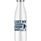 A 500ml stainless steal white water bottle that has the funny football slogan on the front that reads 'I Get My Tekkers From Dad'