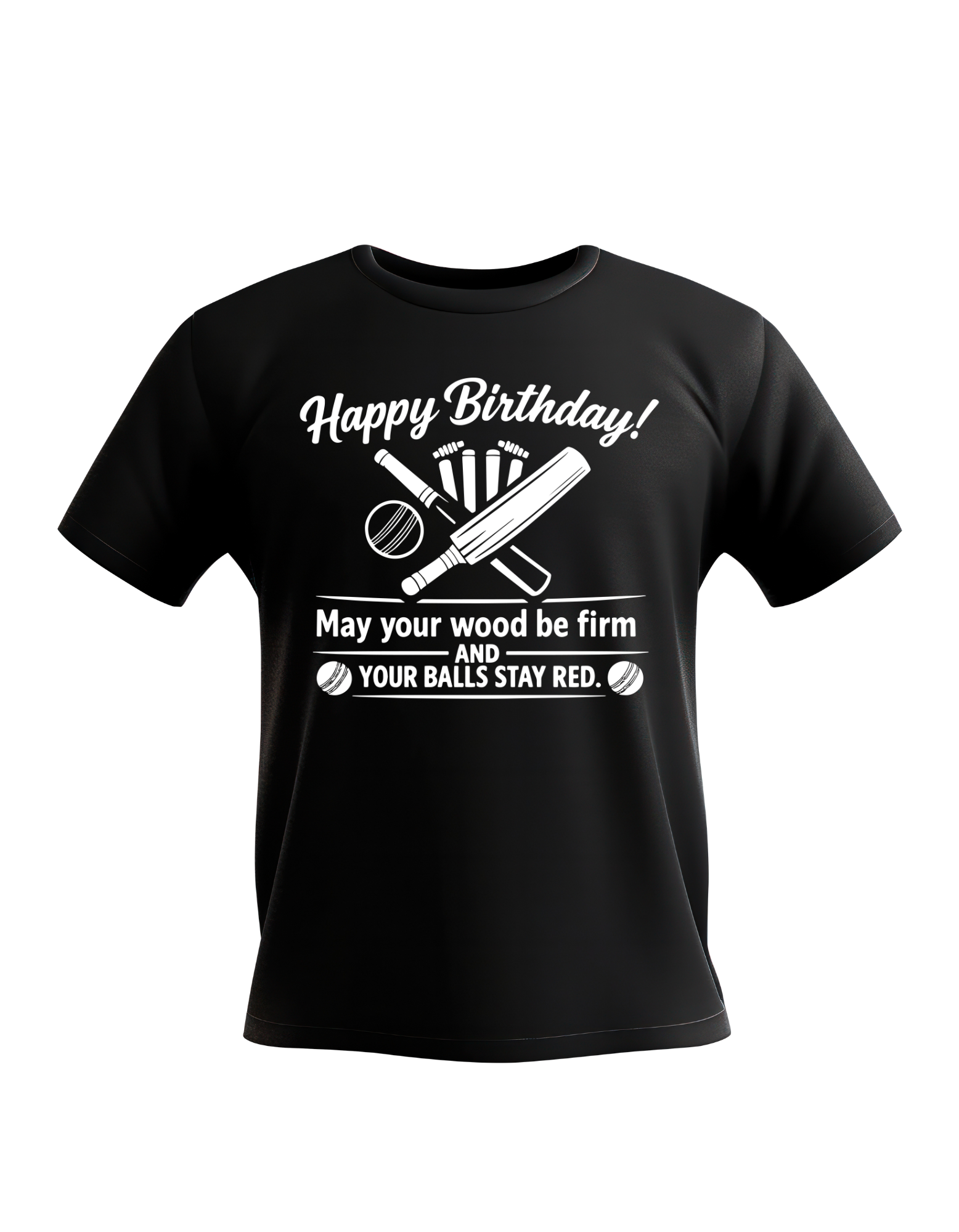 Black t-shirt with white text and graphics on a white background. This is a Cows Corner t-shirt with the funny birthday slogan on the front that reads 'Happy Birthday! May your wood be firm and your balls stay red'. Cows Corner gifts are perfect for sport-mad fans, these gifts work brilliantly for birthdays, new baby celebrations, Father’s Day, Mother’s Day, Christmas, anniversaries, thank you gifts, end-of-season team awards, graduations, retirements, and just-because moments when you want to raise a smile