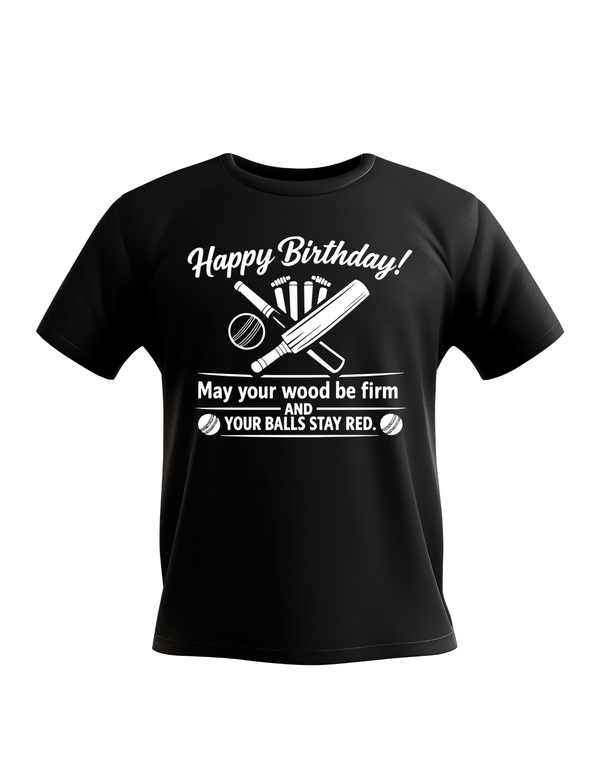 Black t-shirt with white text and graphics on a white background. This is a Cows Corner t-shirt with the funny birthday slogan on the front that reads 'Happy Birthday! May your wood be firm and your balls stay red'. Cows Corner gifts are perfect for sport-mad fans, these gifts work brilliantly for birthdays, new baby celebrations, Father’s Day, Mother’s Day, Christmas, anniversaries, thank you gifts, end-of-season team awards, graduations, retirements, and just-because moments when you want to raise a smile