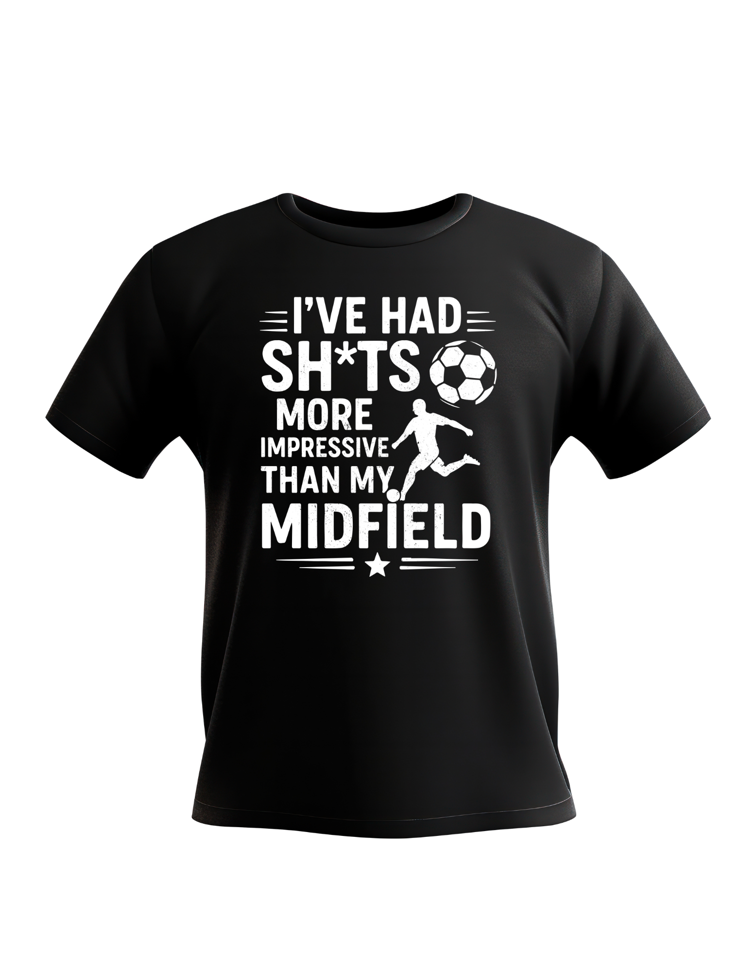 Black t-shirt with white text and graphic of a soccer player and ball on a white background, with the slogan saying 'I've had sh*ts more impressive than my midfield' a funny Cows Corner slogan