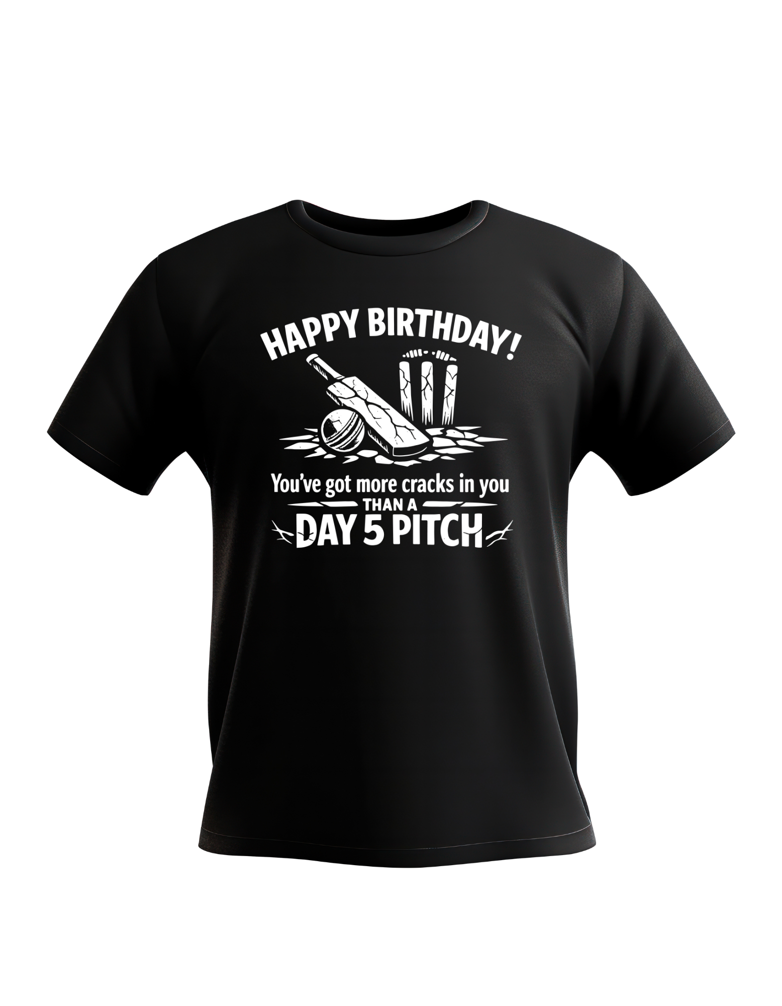 A Cows Corner t-shirt with the funny birthday cricket message on the front that reads 'Happy Birthday! You’ve got more cracks in you than a Day 5 pitch'. Cows Corner gifts are perfect for sport-mad fans, these gifts work brilliantly for birthdays, new baby celebrations, Father’s Day, Mother’s Day, Christmas, anniversaries, thank you gifts, end-of-season team awards, graduations, retirements, and just-because moments when you want to raise a smile. 
