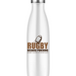 White water bottle with rugby-themed text and graphic on a white background with a Cows Corner slogan saying Rugby because punching people in public is frowned upon