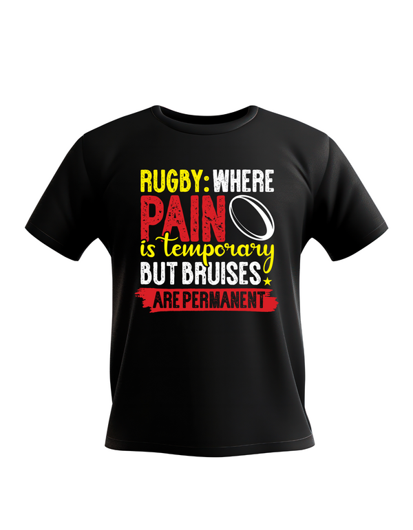 Black t-shirt with colorful rugby-themed text design on a white background with a Cows Corner slogan saying No guts no glory, no teeth no problem