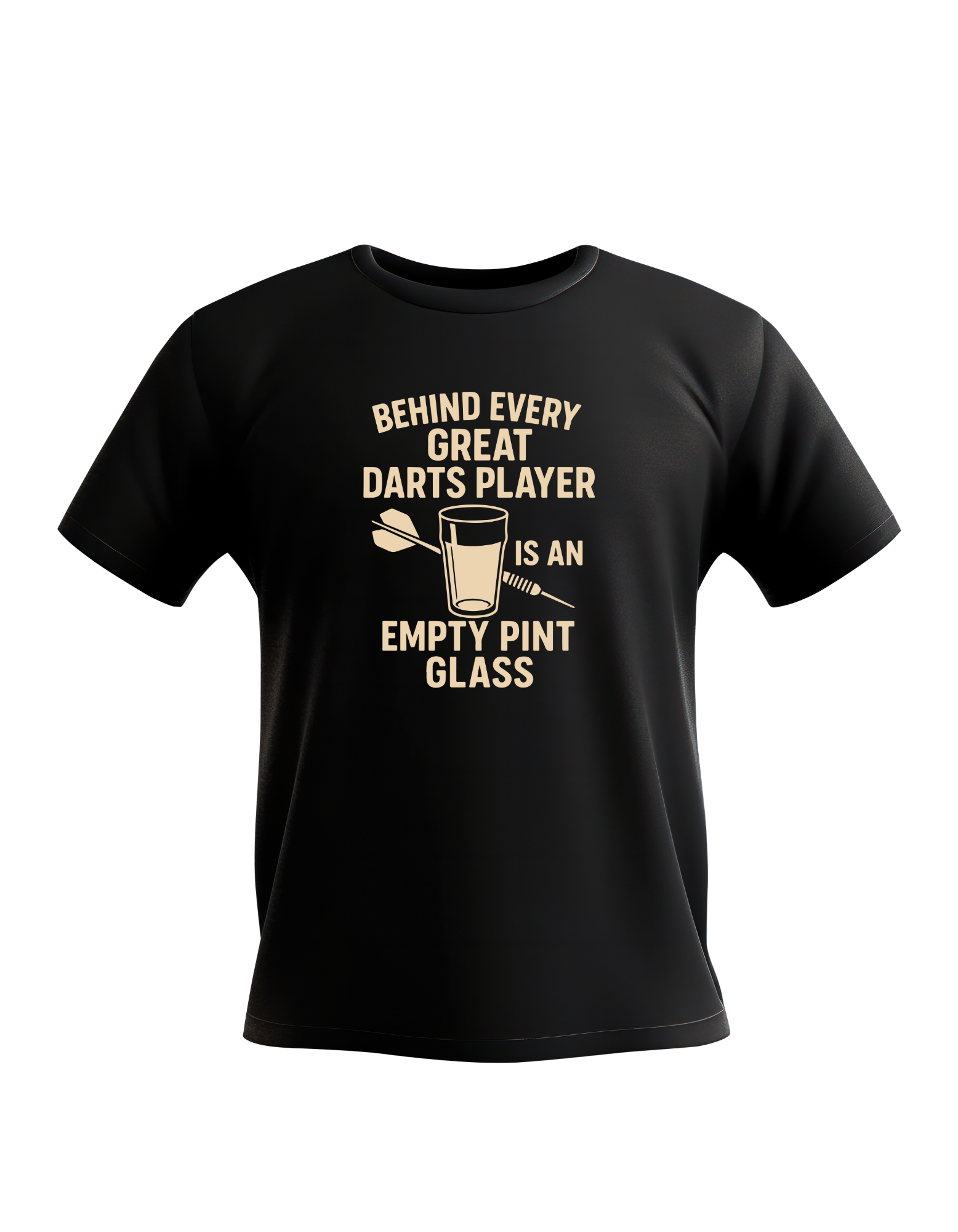 Black t-shirt with humorous darts player graphic and text on a white background with a Cows Corner slogan saying Behind every great darts player is an empty pint glass