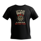 Black t-shirt with a dartboard graphic and text on a white background with a Cows Corner slogan saying Let's play Darts I'll show you my best shaft work